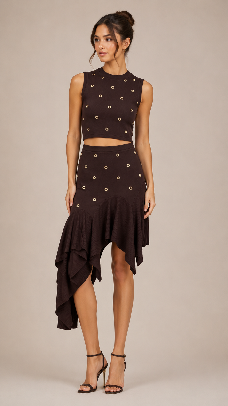 Ondine Gold-Stud Knit Tank and Asymmetric Skirt Set