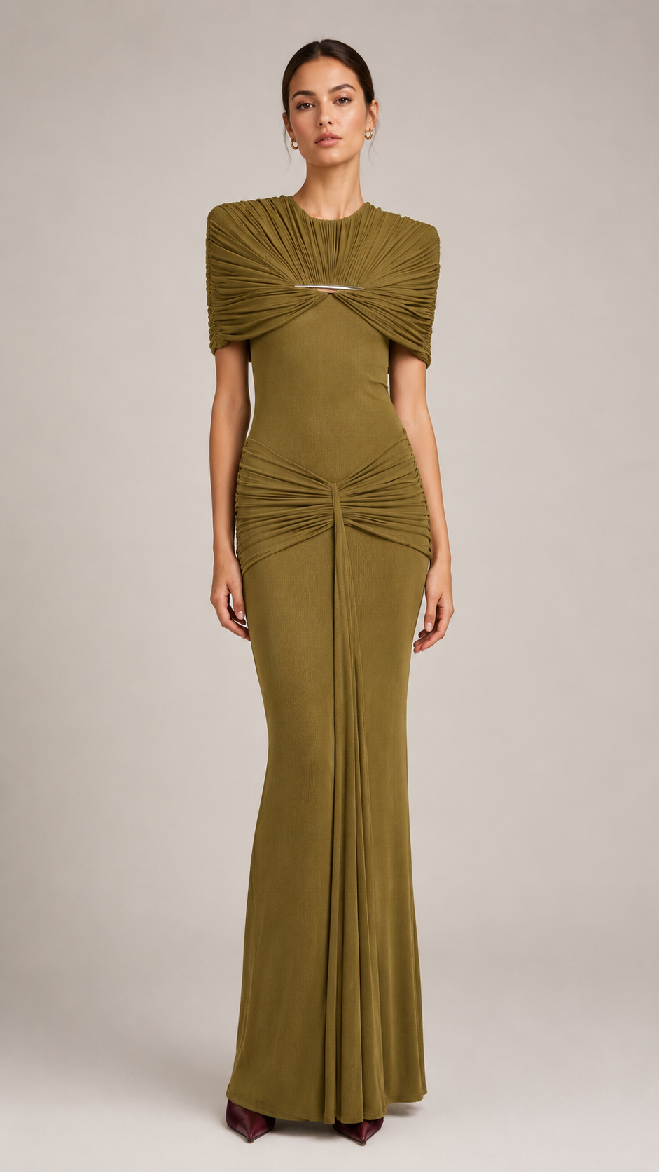 Elodie Ruched Mesh Column Maxi Dress