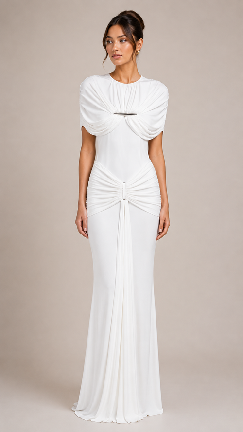 Elodie Ruched Mesh Column Maxi Dress