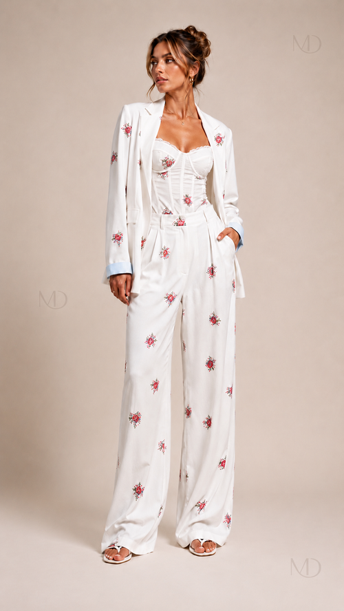 Rose Print Blazer Camisole and Pants Set