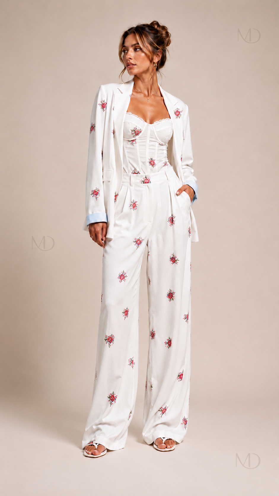 Rose Print Blazer Camisole and Pants Set
