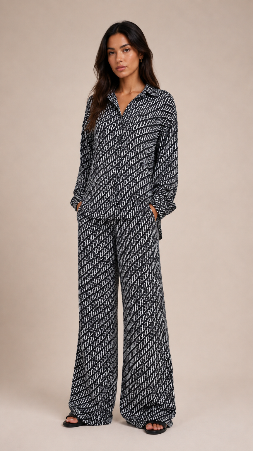 Monogram Print Satin Shirt and Trouser Set