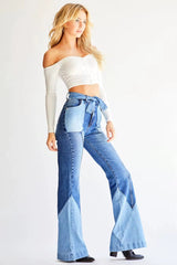 High-Waisted Patchwork Flare Denim Jeans