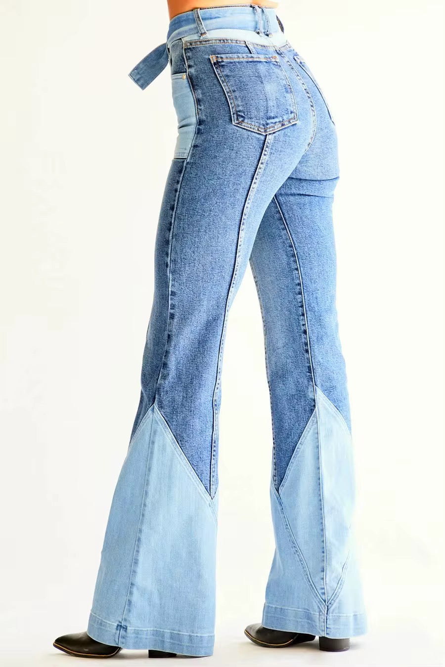 High-Waisted Patchwork Flare Denim Jeans