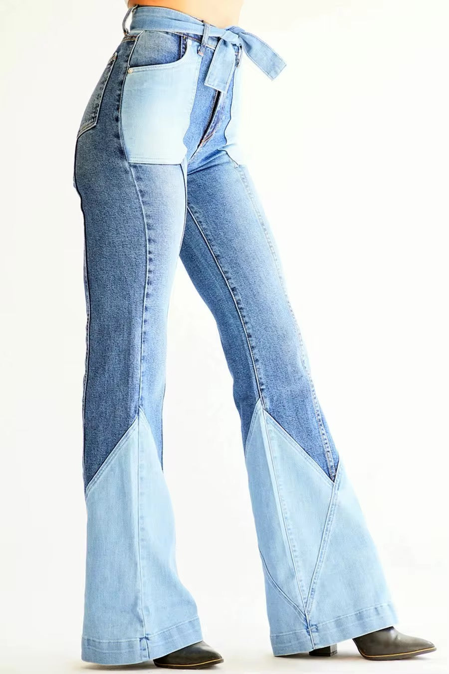 High-Waisted Patchwork Flare Denim Jeans