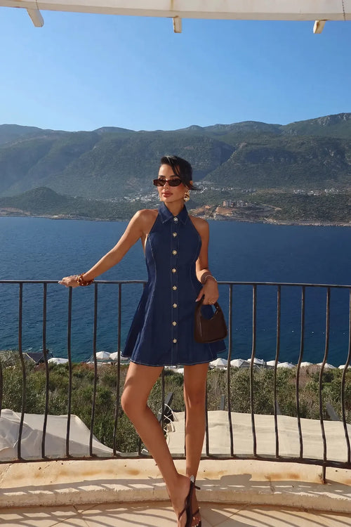 Navy Blue Buttoned Back Detail Dress