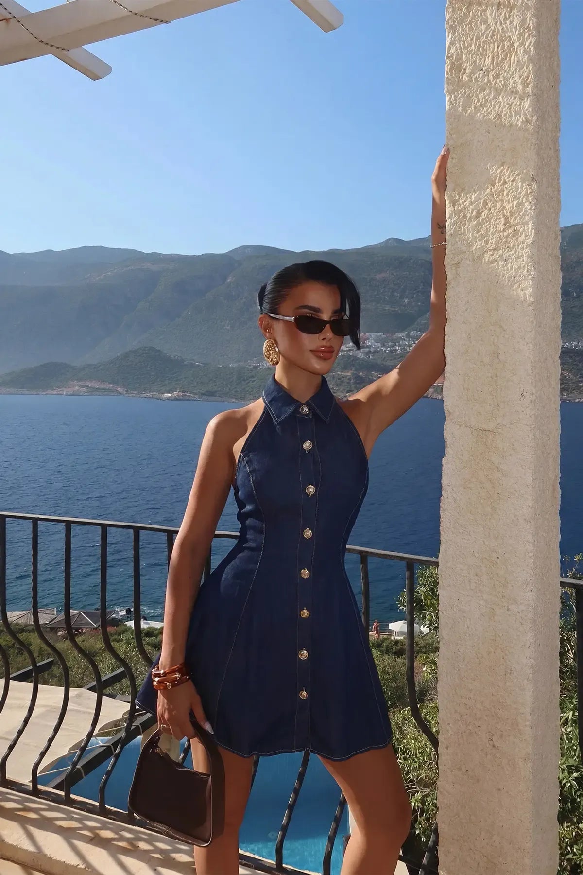 Navy Blue Buttoned Back Detail Dress