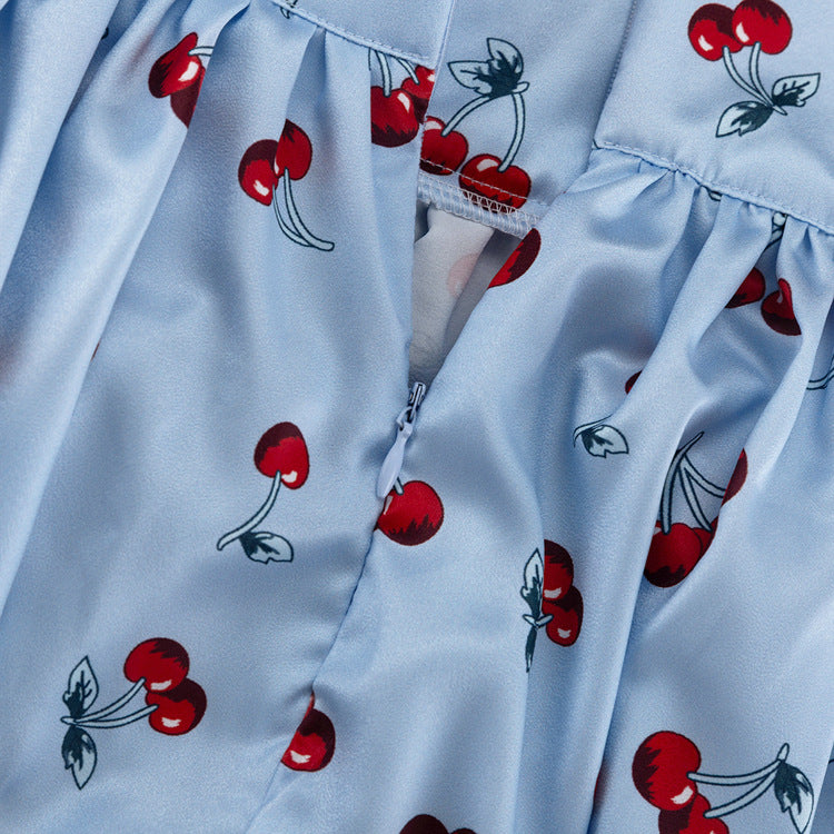 Cherry Print Puff Sleeve Crop Top & Maxi Skirt Set