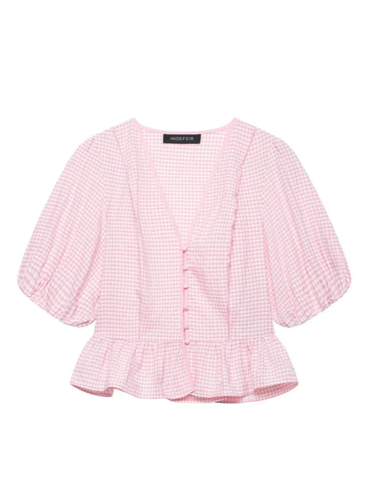 Gingham Puff Sleeve Peplum Blouse