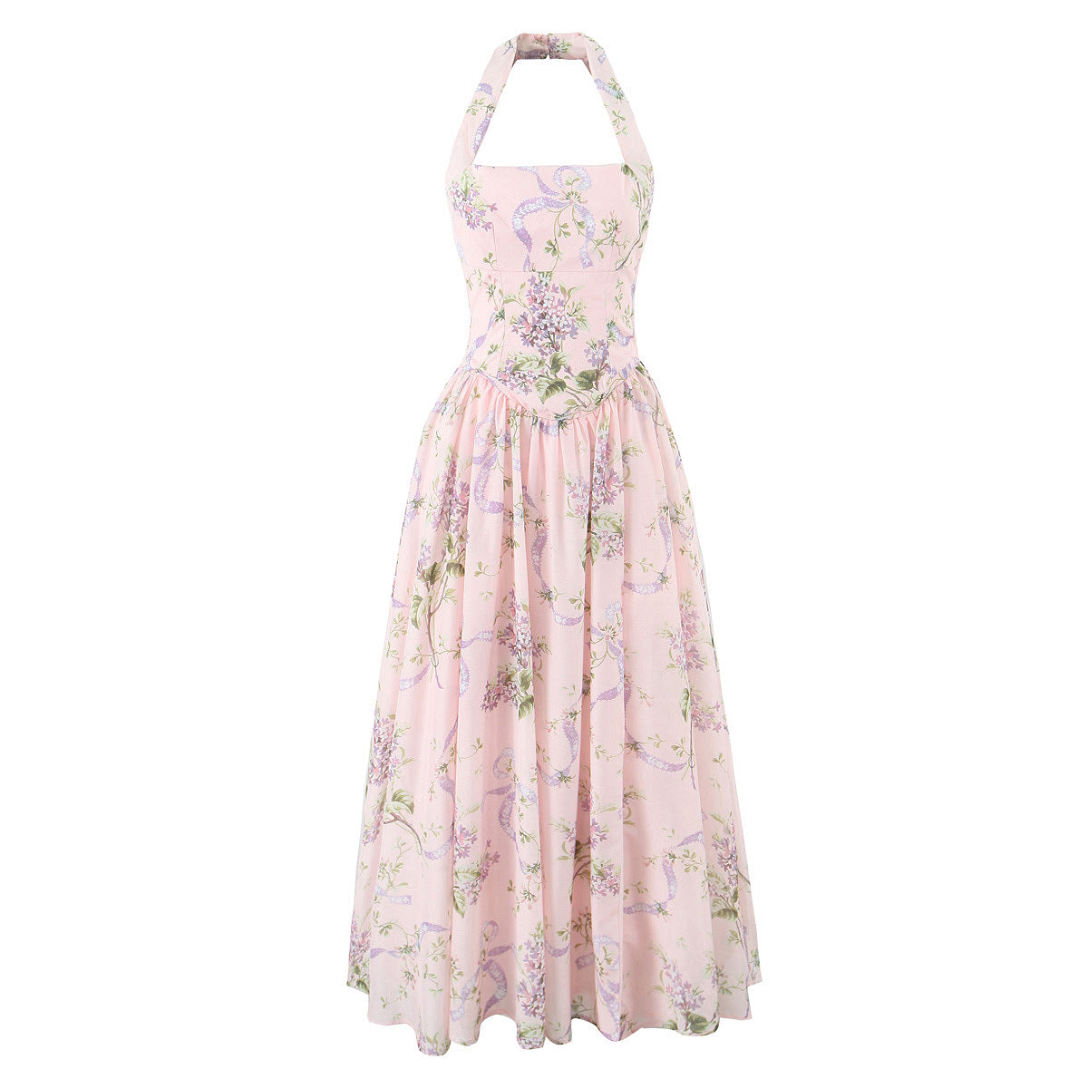 Floral Print Halter Tie-Waist Maxi Dress