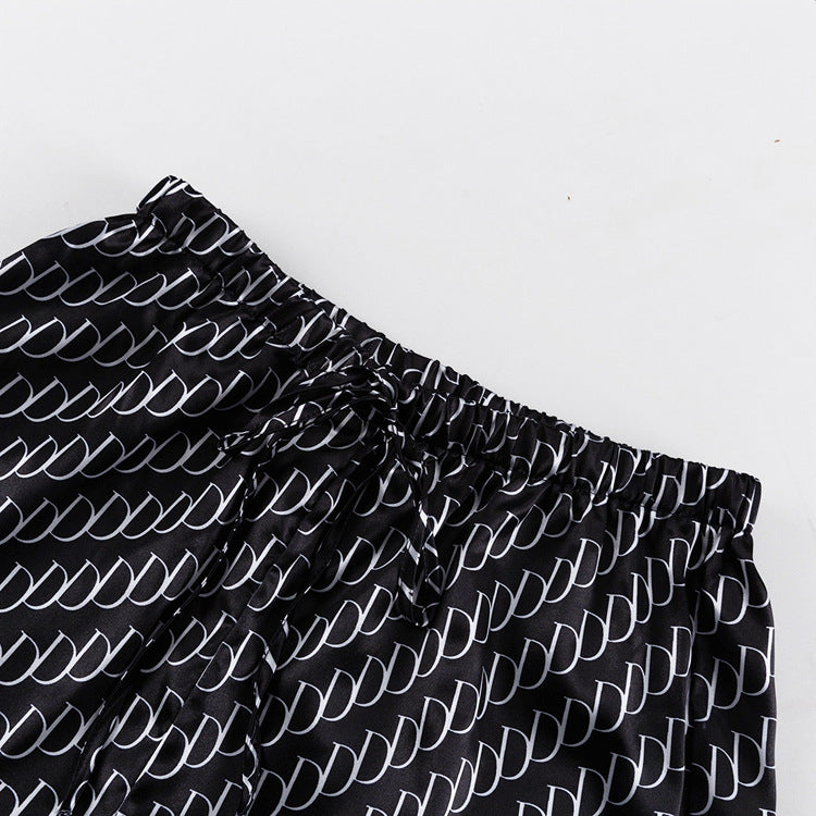 Monogram Print Satin Shirt and Trouser Set