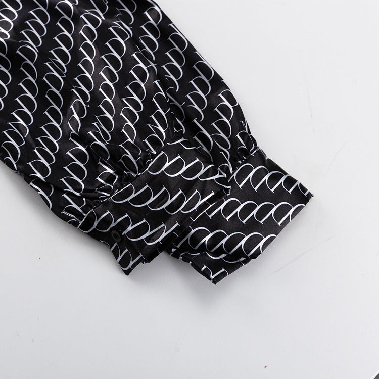 Monogram Print Satin Shirt and Trouser Set