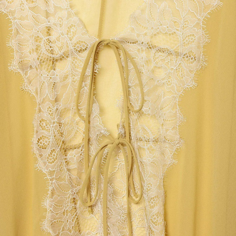 Lace Yoke Tie-Back Chiffon Blouse