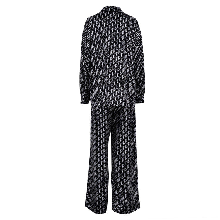 Monogram Print Satin Shirt and Trouser Set