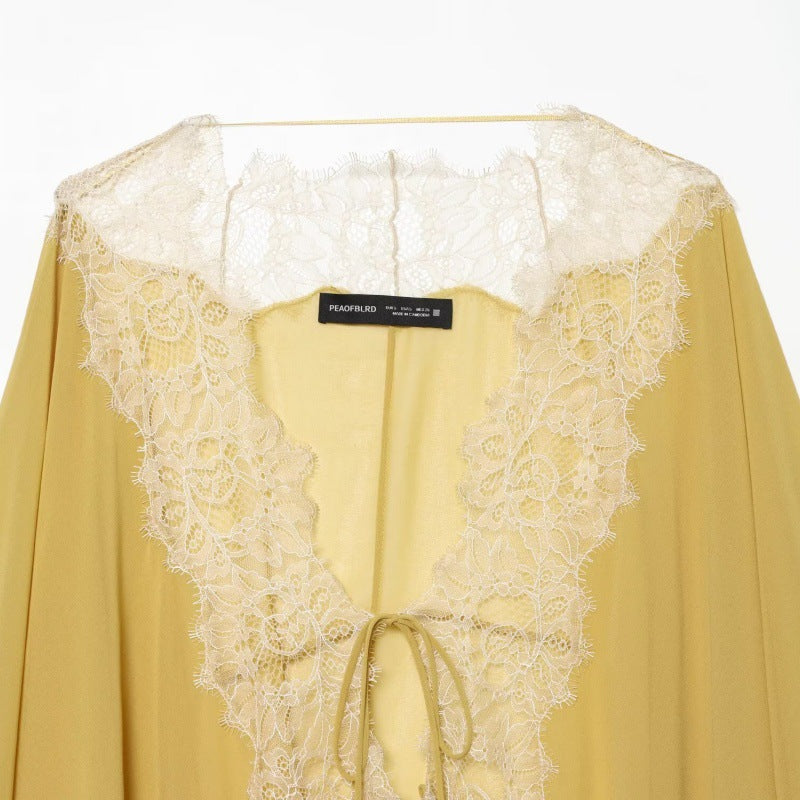 Lace Yoke Tie-Back Chiffon Blouse