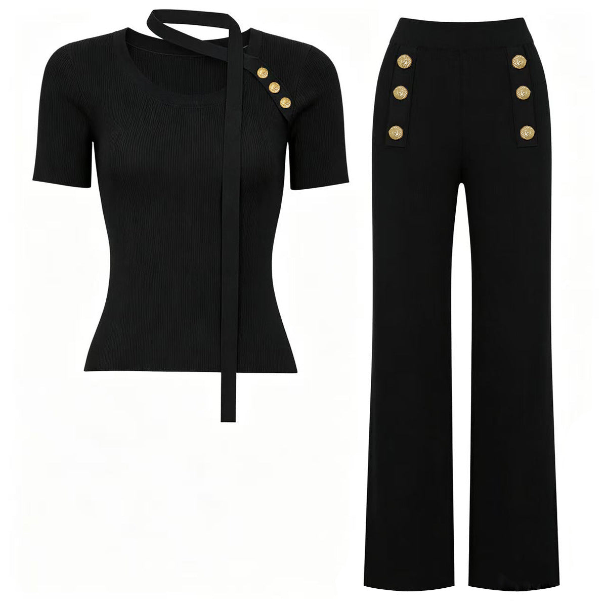 Gold Button Knit Top and Trouser Set