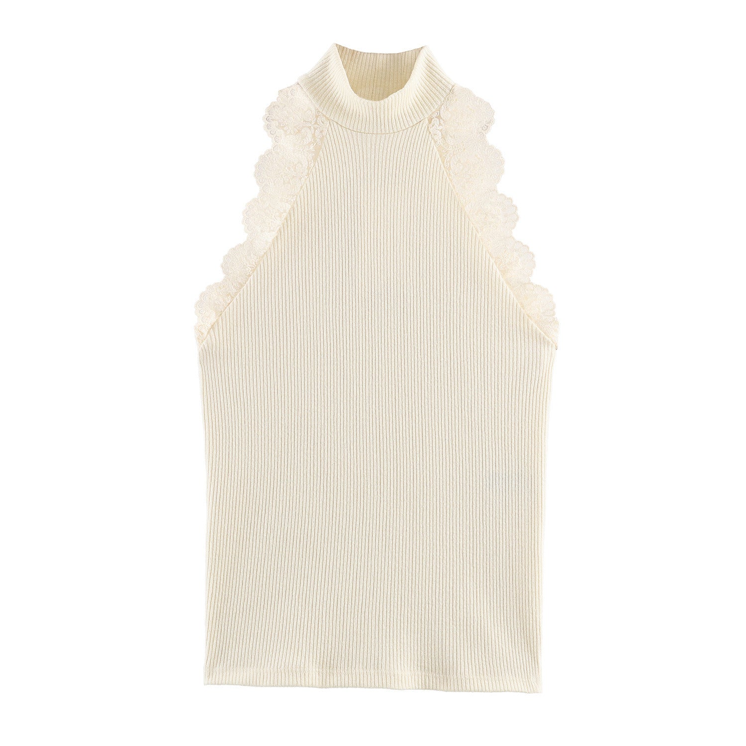 Lace Trim Rib Knit Halter Neck Top
