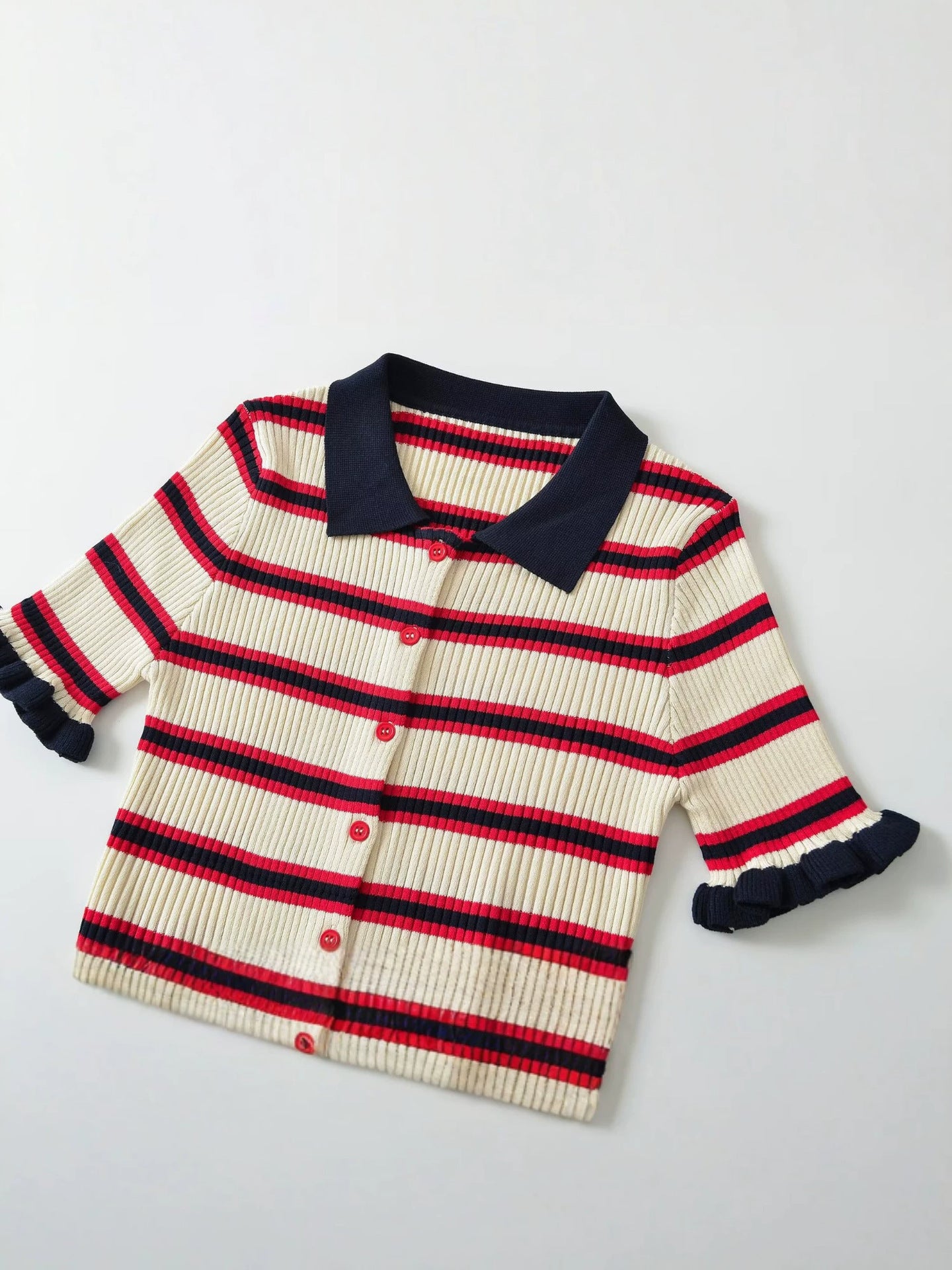 Striped Ribbed Knit Polo Cardigan