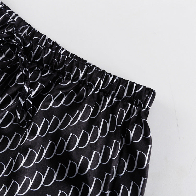 Monogram Print Satin Shirt and Trouser Set