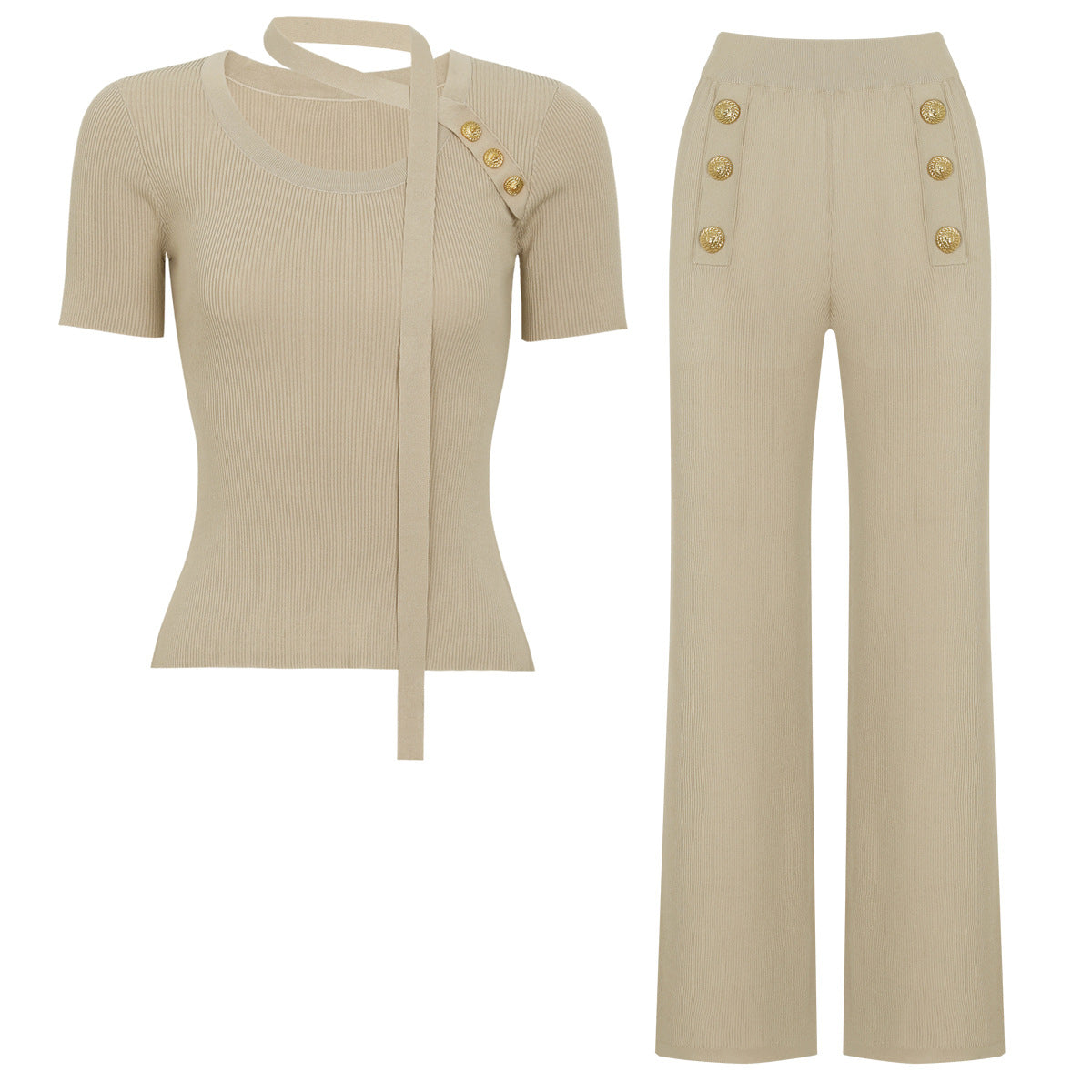 Gold Button Knit Top and Trouser Set