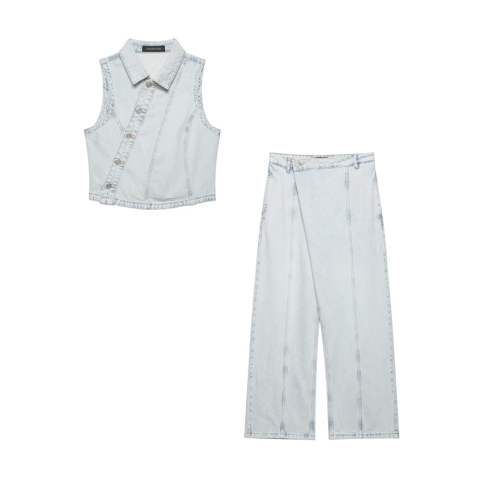 Washed Denim Vest And Wide Leg Jeans Set