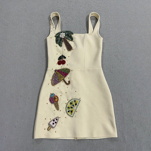 Beaded Fruit Applique Bandage Mini Dress
