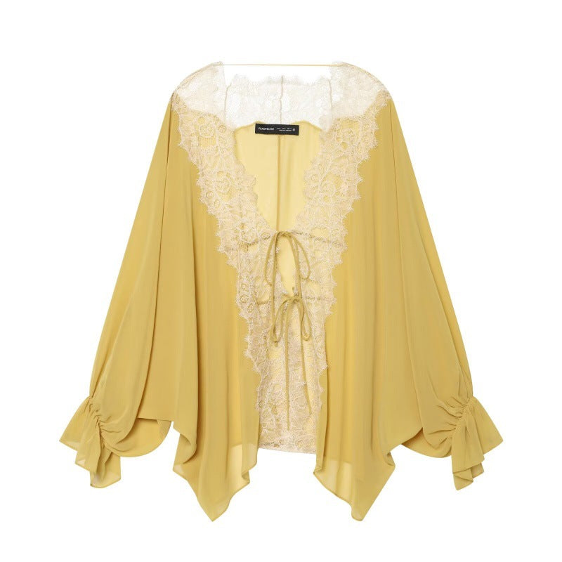 Lace Yoke Tie-Back Chiffon Blouse