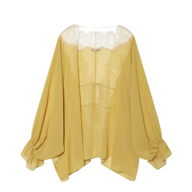 Lace Yoke Tie-Back Chiffon Blouse