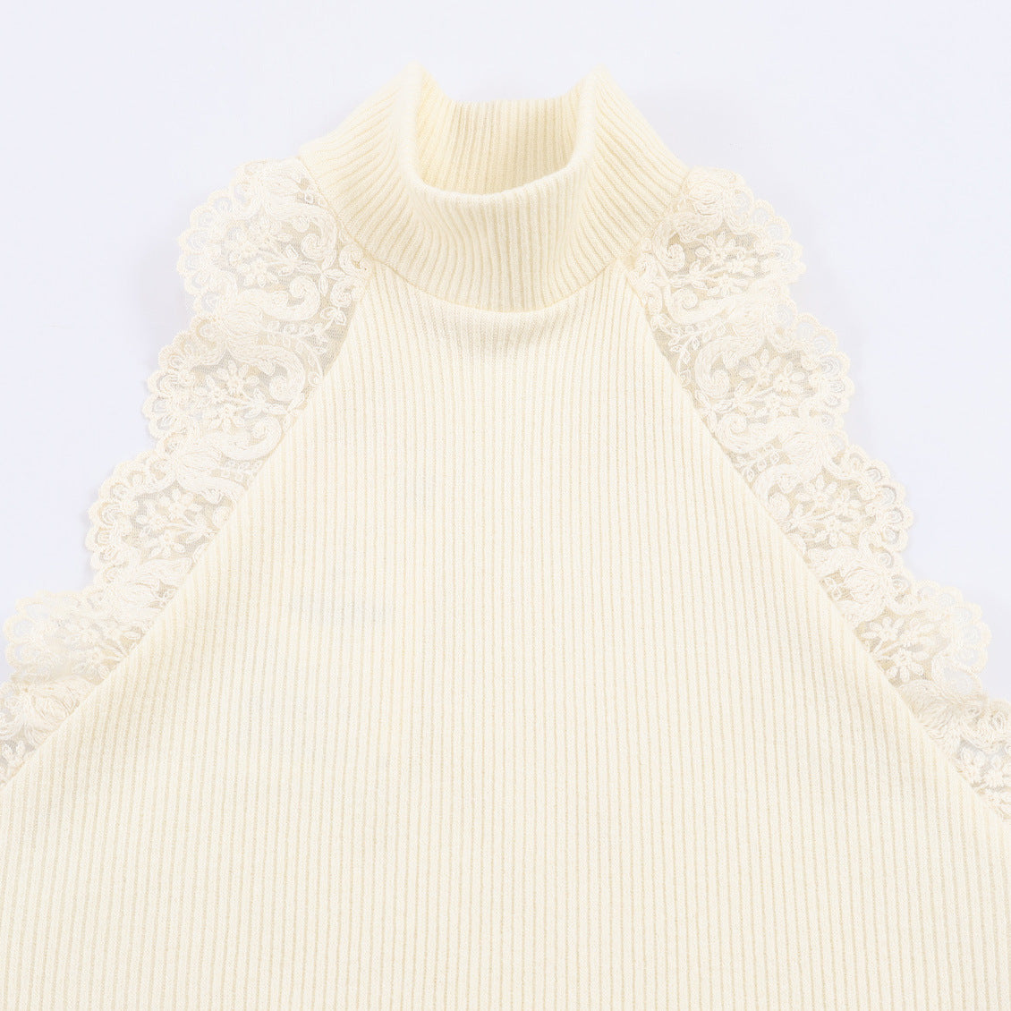 Lace Trim Rib Knit Halter Neck Top