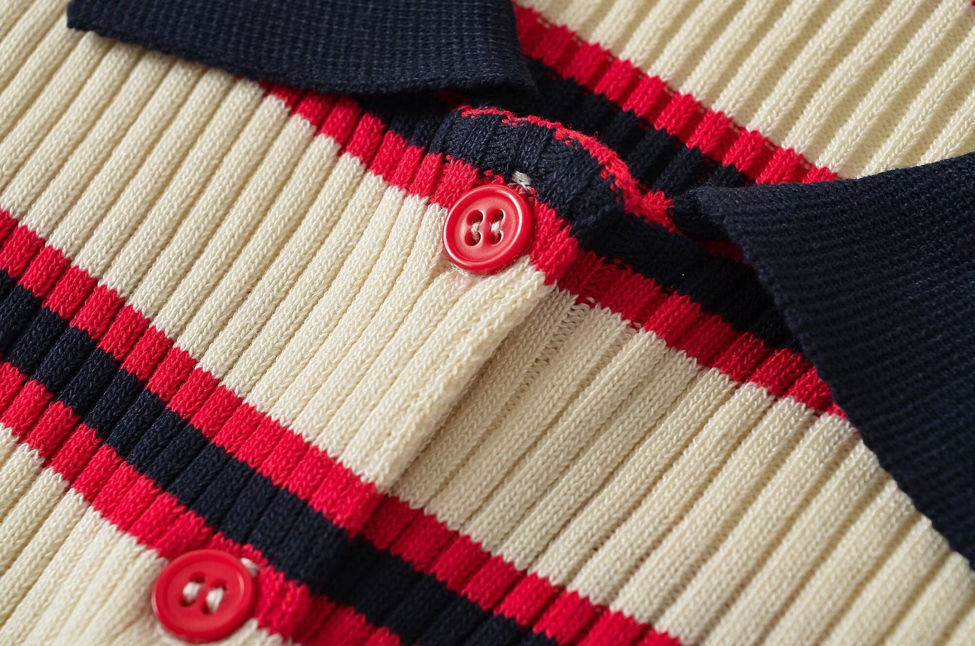 Striped Ribbed Knit Polo Cardigan