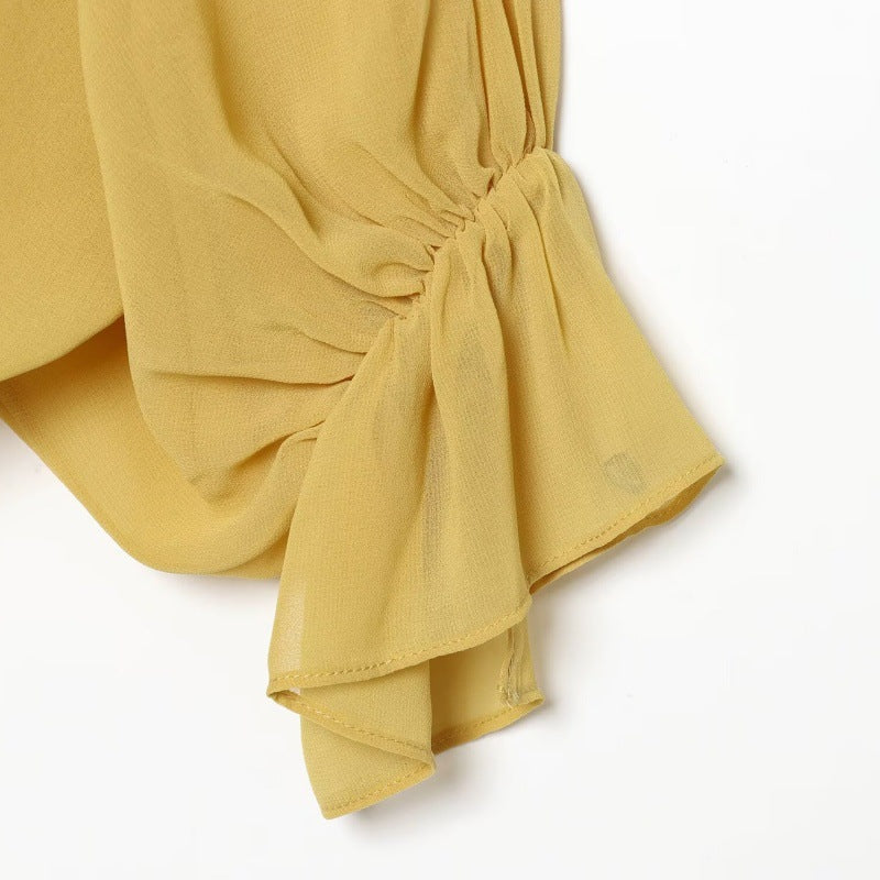 Lace Yoke Tie-Back Chiffon Blouse