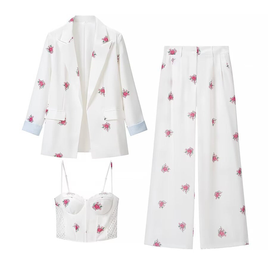 Rose Print Blazer Camisole and Pants Set