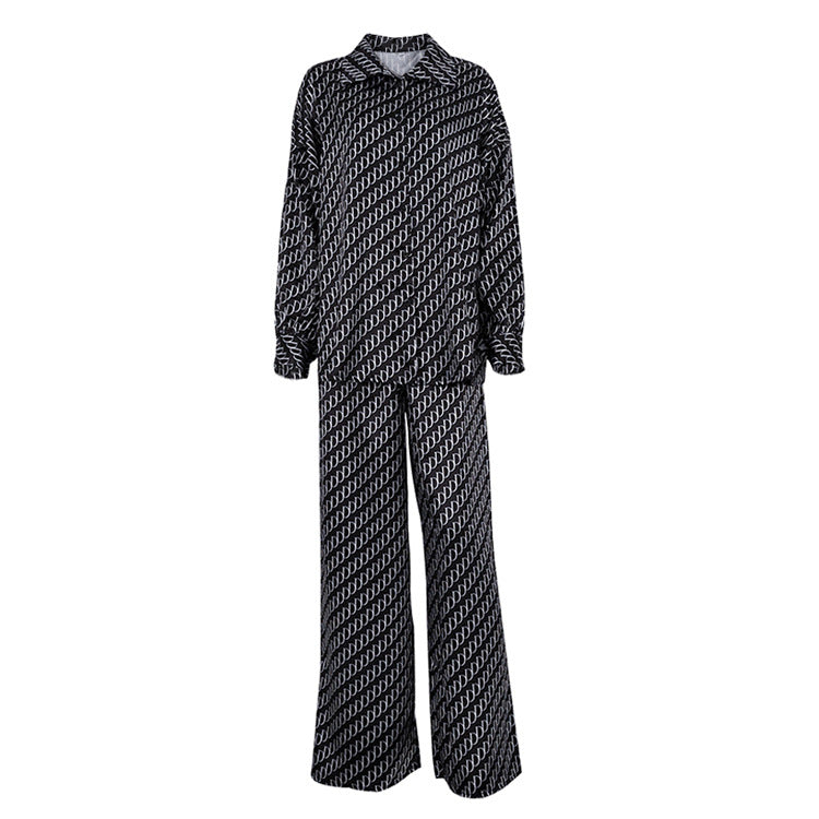 Monogram Print Satin Shirt and Trouser Set