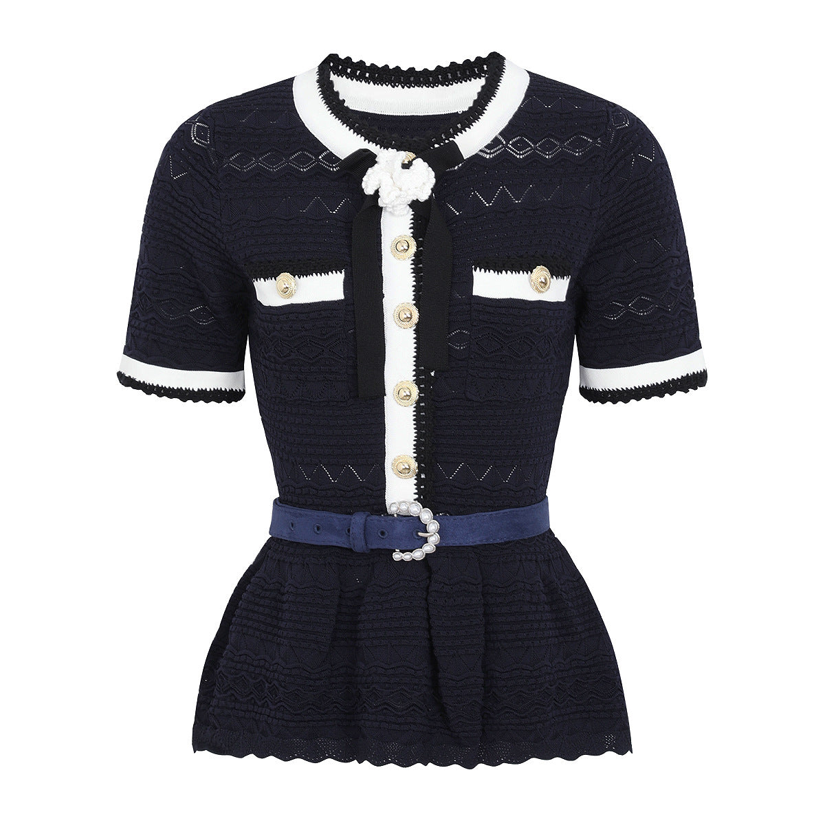 Coralie Pearl-Button Knit Peplum Top