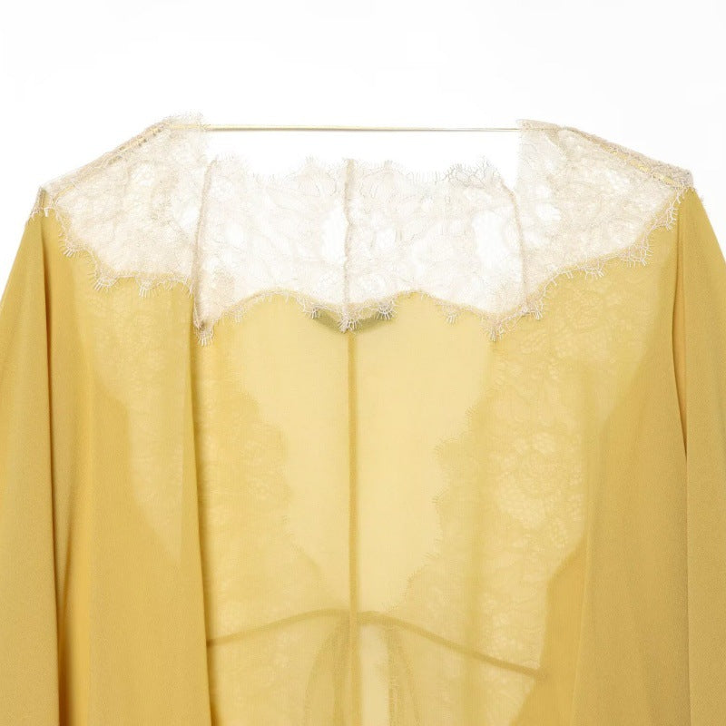 Lace Yoke Tie-Back Chiffon Blouse
