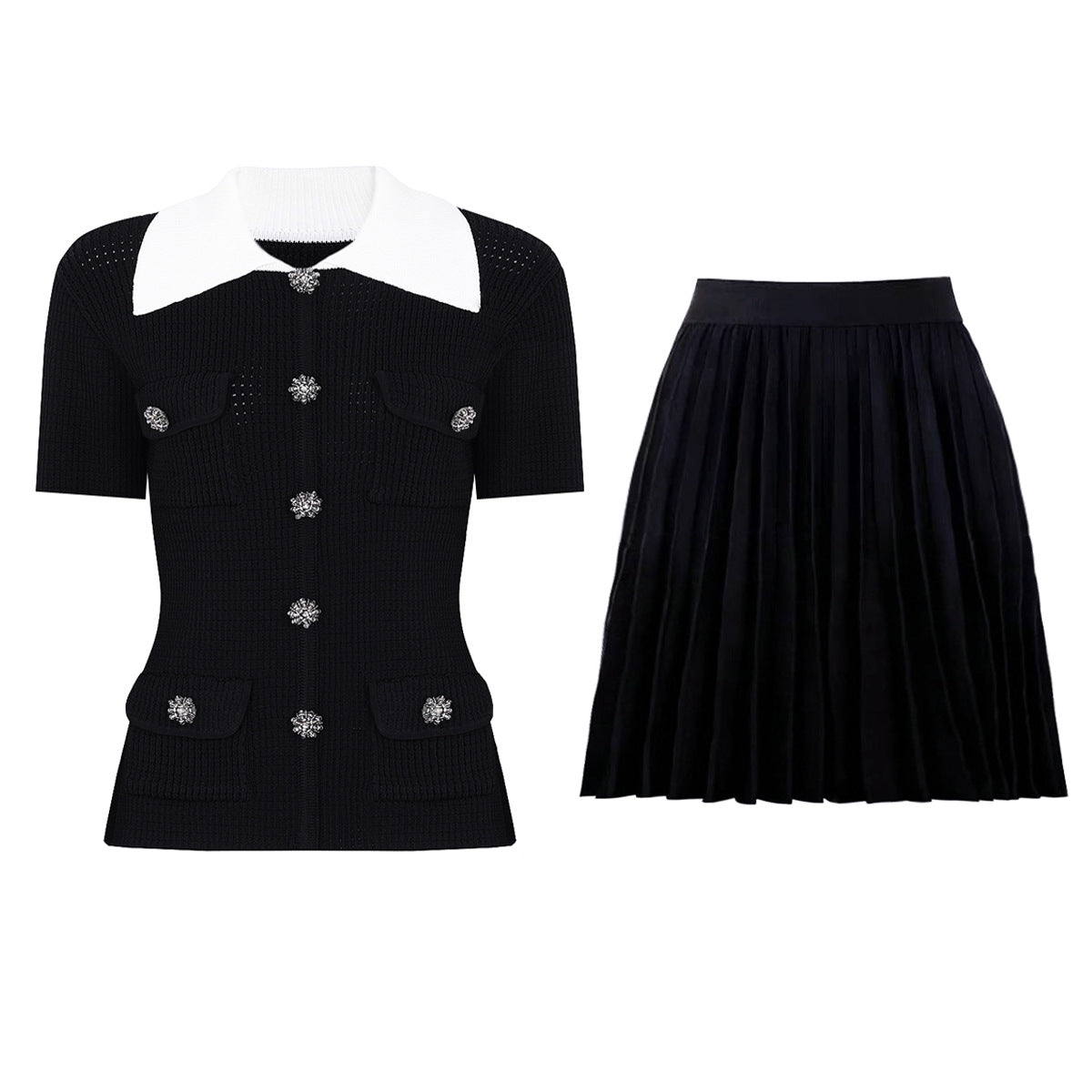 Delphine Contrast-Collar Knit Top and Pleated Skirt Set