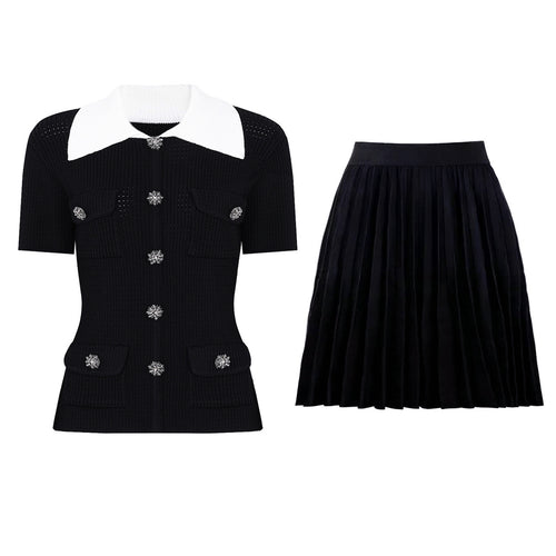 Delphine Contrast-Collar Knit Top and Pleated Skirt Set