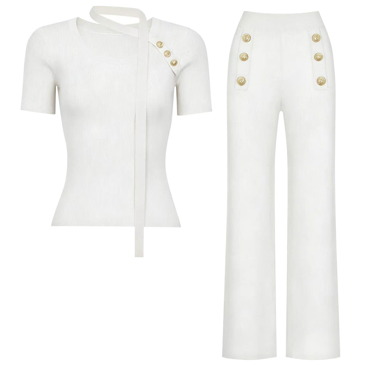 Gold Button Knit Top and Trouser Set
