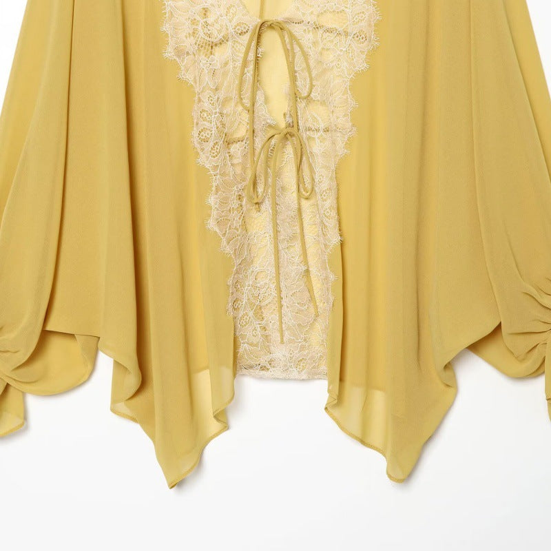 Lace Yoke Tie-Back Chiffon Blouse
