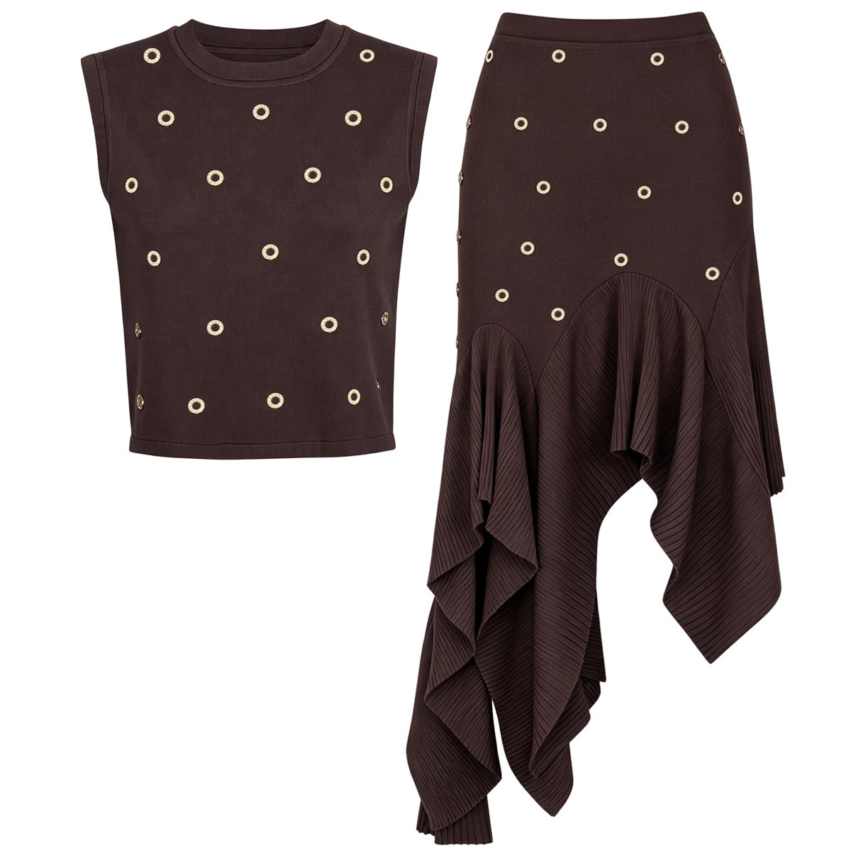 Ondine Gold-Stud Knit Tank and Asymmetric Skirt Set