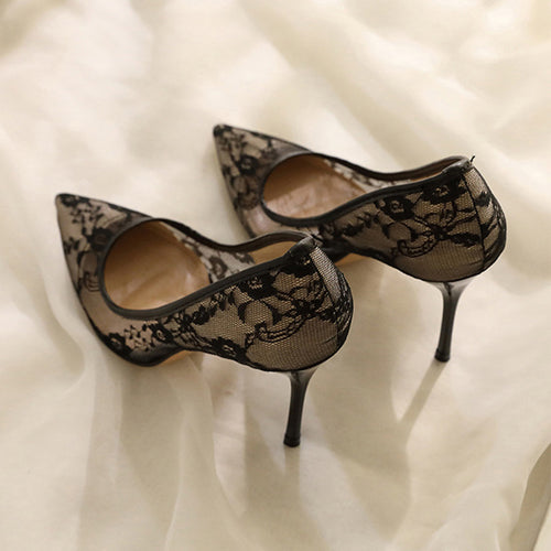 Floral Lace Mesh Pointed Stiletto Pumps