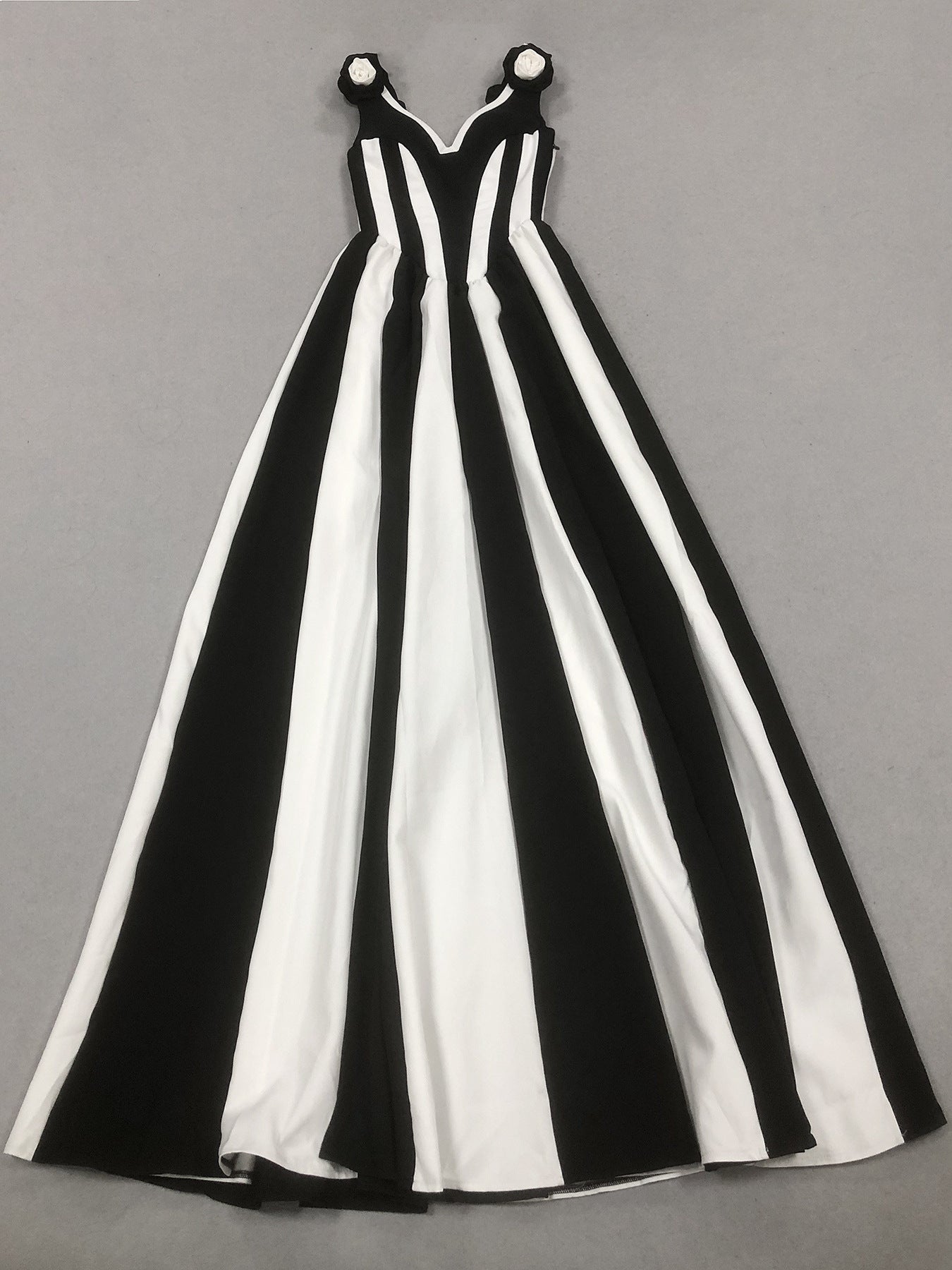 Striped Rosette Strap High-Slit Bandage Maxi Dress