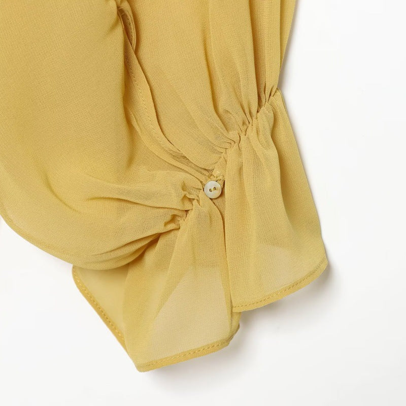 Lace Yoke Tie-Back Chiffon Blouse