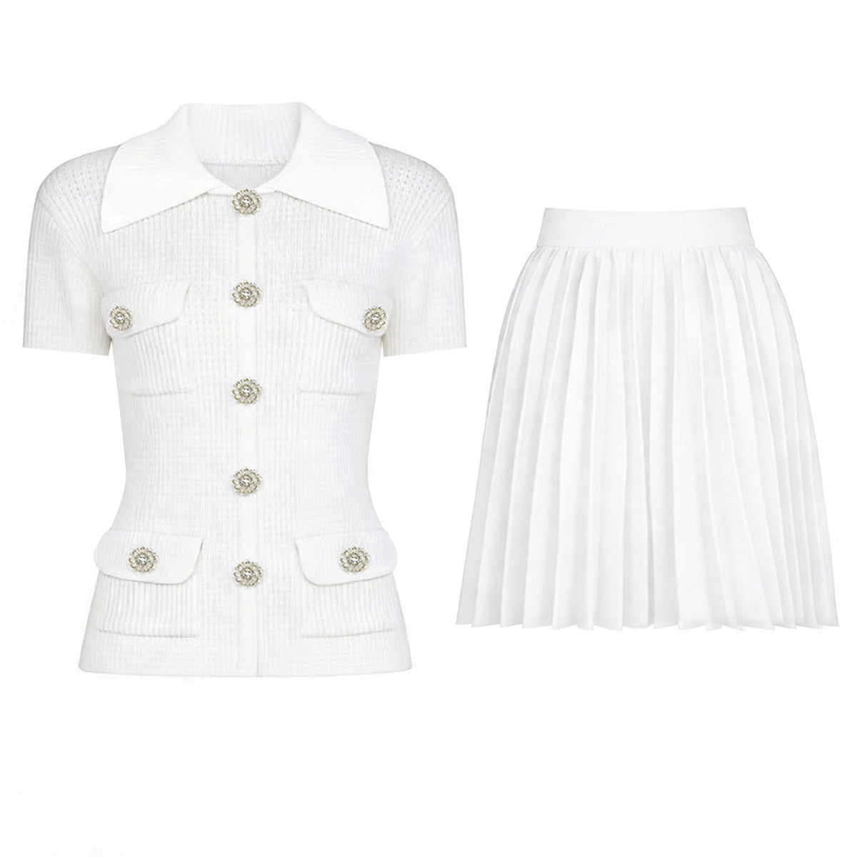Delphine Contrast-Collar Knit Top and Pleated Skirt Set