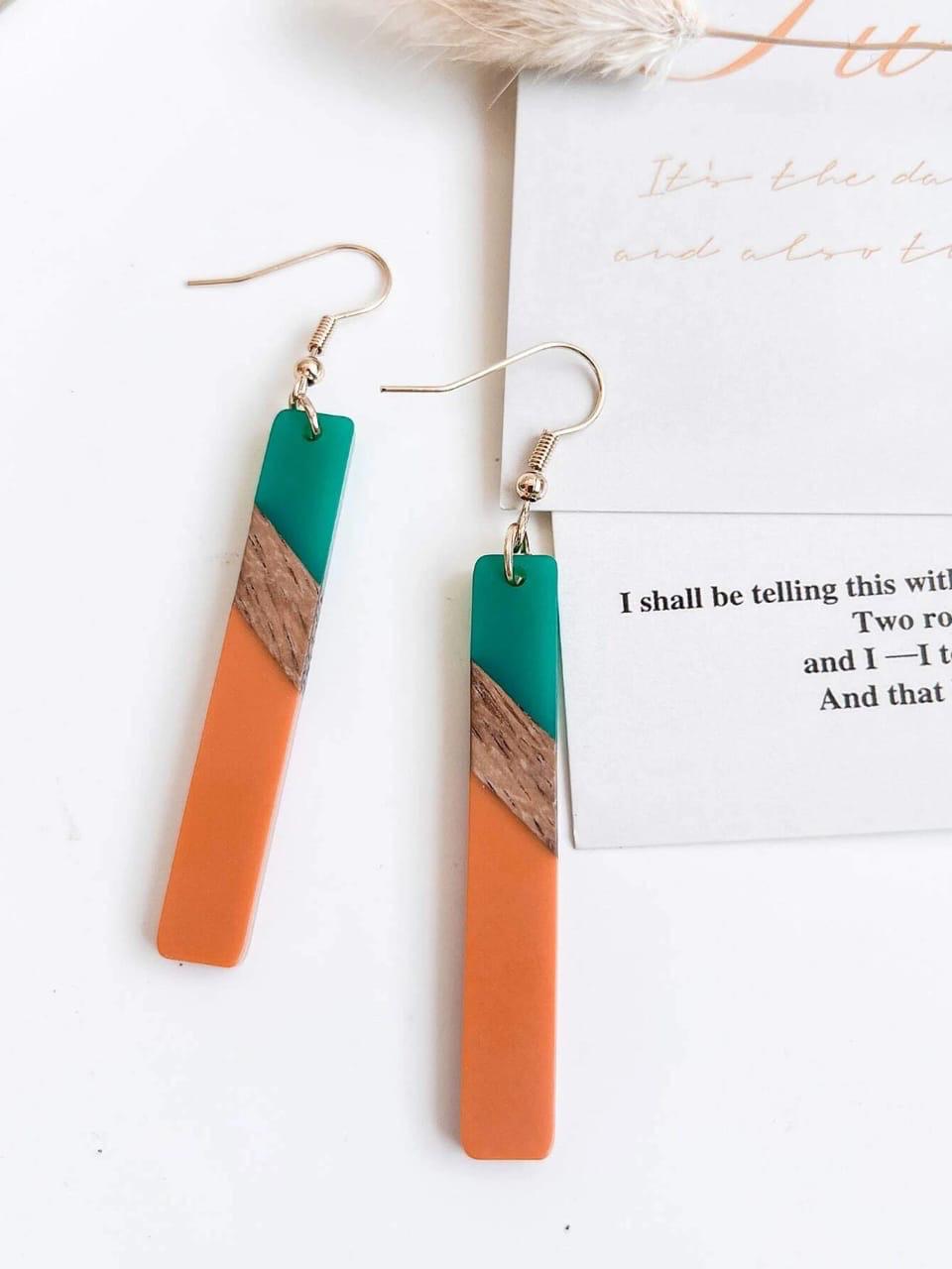 Green and Orange Geometric Drop Earrings