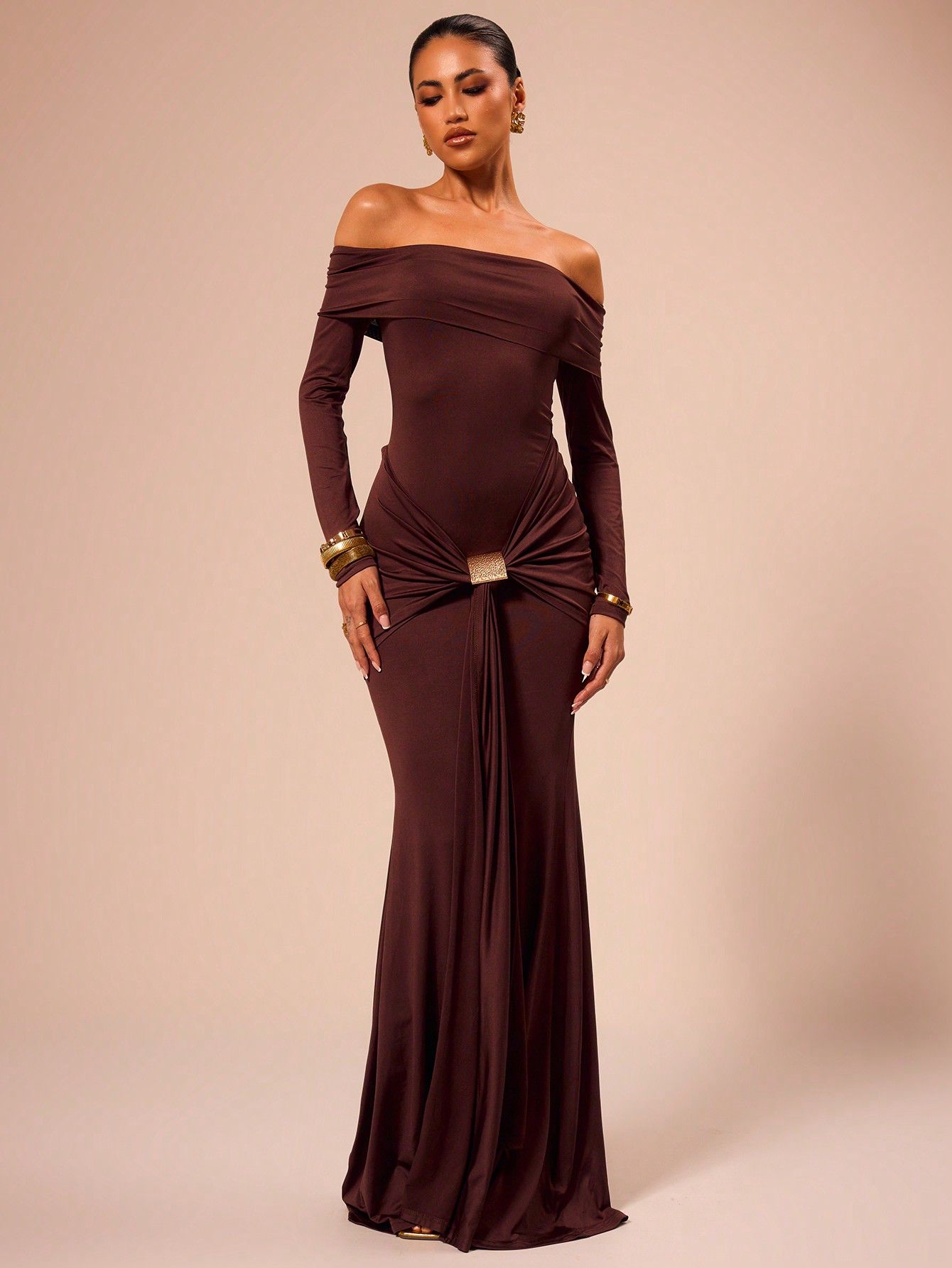 Off Shoulder Long Sleeve Maxi Dress