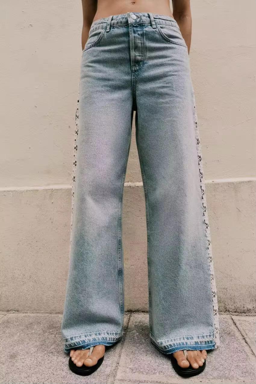 Side Lace Trim Wide-Leg Jeans