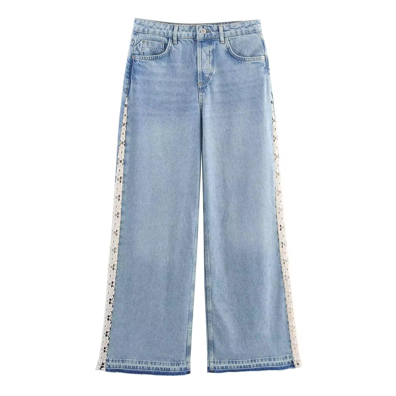 Side Lace Trim Wide-Leg Jeans