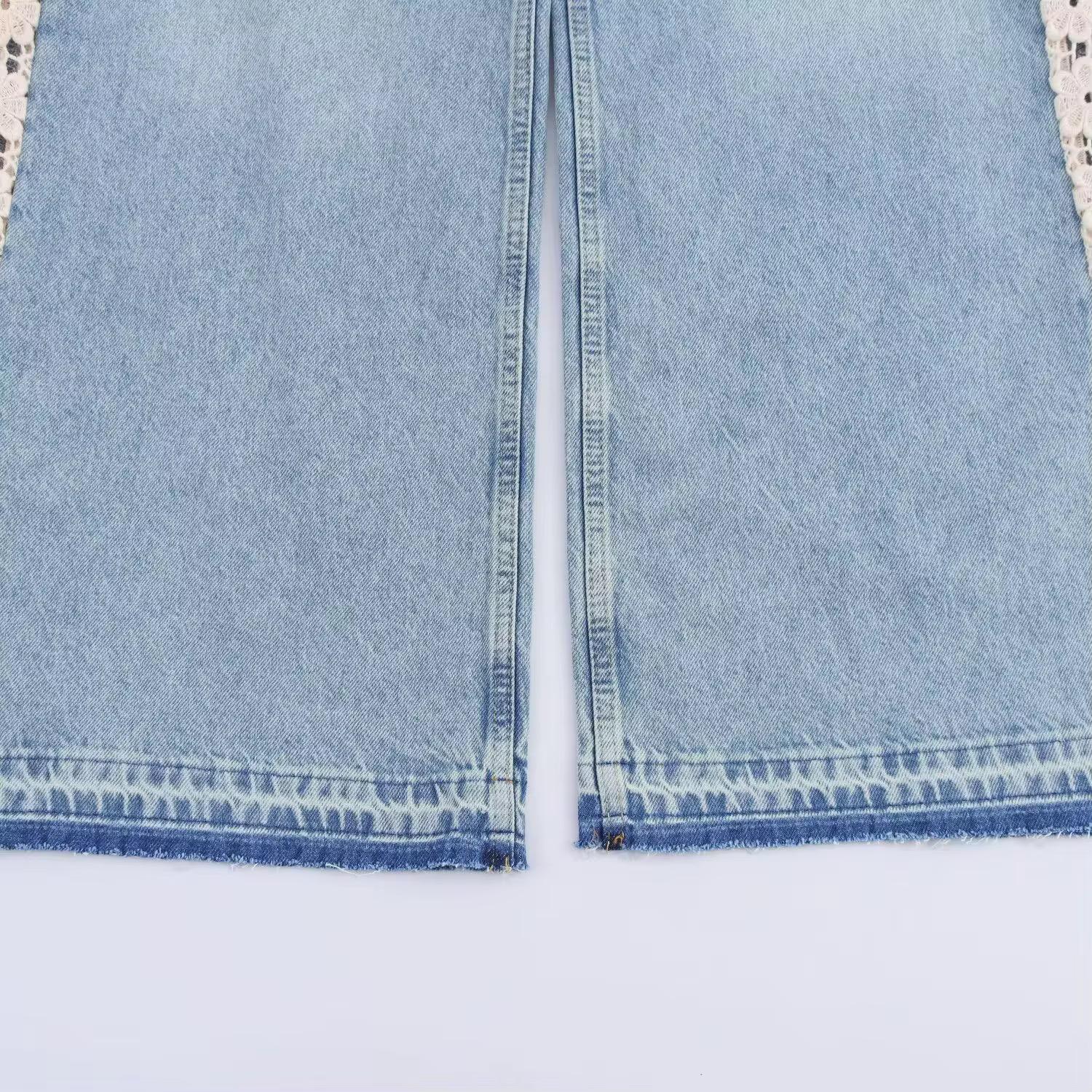 Side Lace Trim Wide-Leg Jeans