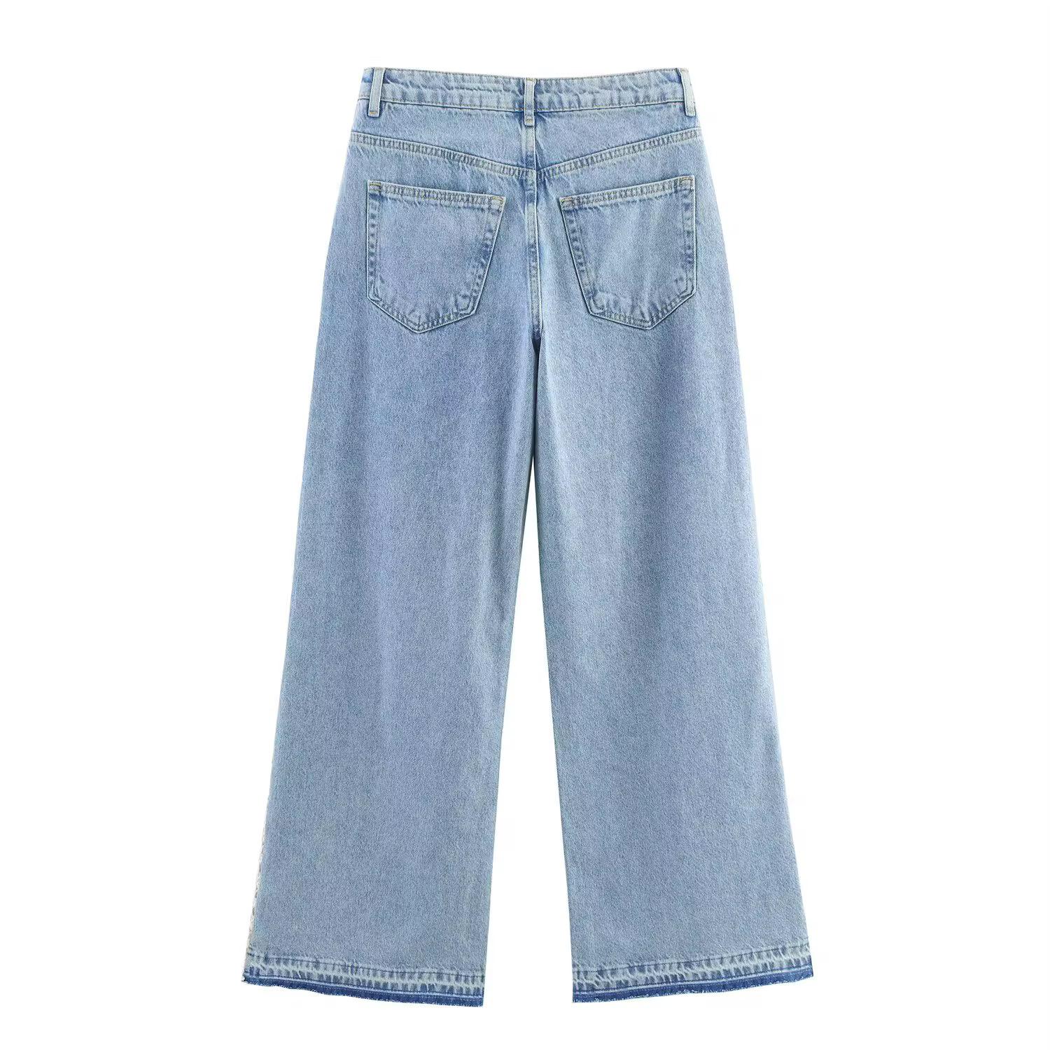 Side Lace Trim Wide-Leg Jeans